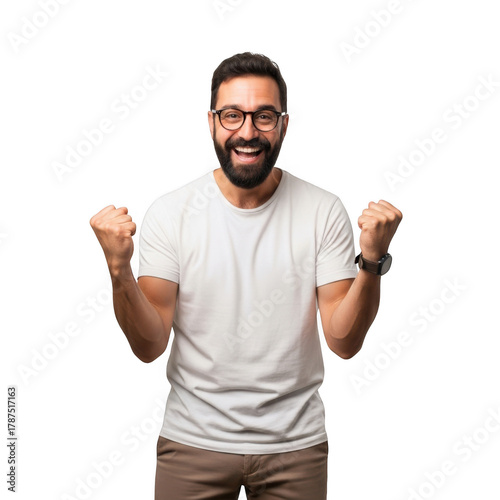 Excited man celebrating success with fists pumped isolated on transparent background