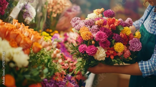A colorful array of fresh flowers including carnations, dahlias, and roses in various shades, held by a person wearing an apron at a bustling flower market
