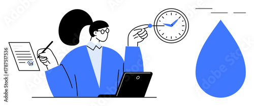 Businesswoman working on a laptop, holding a pen and clock, with a document and water drop nearby. Ideal for time management, productivity, focus, planning, multitasking, workflow simple flat