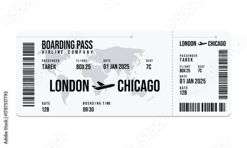 Airline Boarding Pass Ticket with Passenger Information for Flight to Chicago