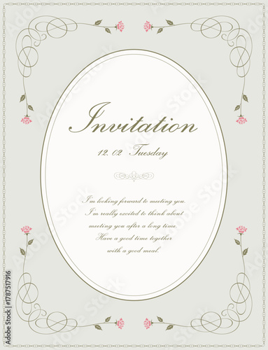 Vintage oval invitation card frame decorated with pink roses