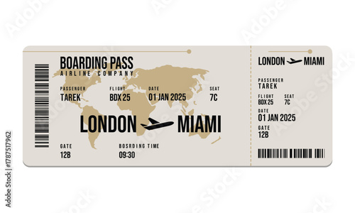 Beige boarding pass with world map from London to Miami on white backdrop