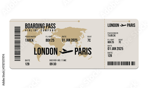 Beige boarding pass with a world map, London to Paris travel on white