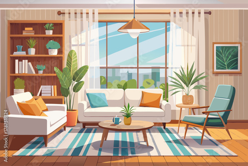 Calm and contemporary living room interior with minimalist wooden furniture with white upholstery and white curtains, bright natural light, cozy home decor design, modern architectural atmosphere, and