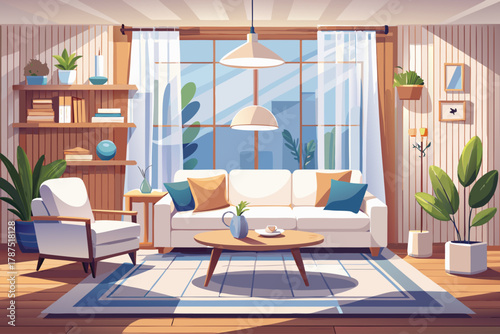 Calm and contemporary living room interior with minimalist wooden furniture with white upholstery and white curtains, bright natural light, cozy home decor design, modern architectural atmosphere, and