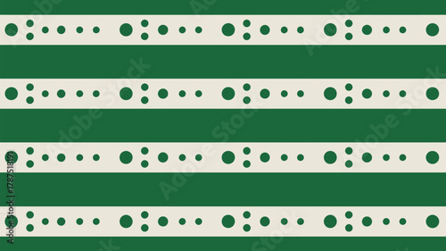 A green and off white striped pattern with circles of varying sizes in a repetitive sequence design