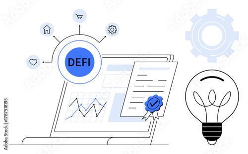 Laptop displaying financial graph, certified document, DeFi icon, lightbulb for innovation, gear symbol. Ideal for finance, blockchain, technology, business growth investment innovation digital