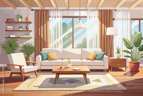 Calm and contemporary living room interior with minimalist wooden furniture with white upholstery and white curtains, bright natural light, cozy home decor design, modern architectural atmosphere, and