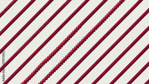 Diagonal red stripes and two rows of red spheres on a white background creating a pattern design