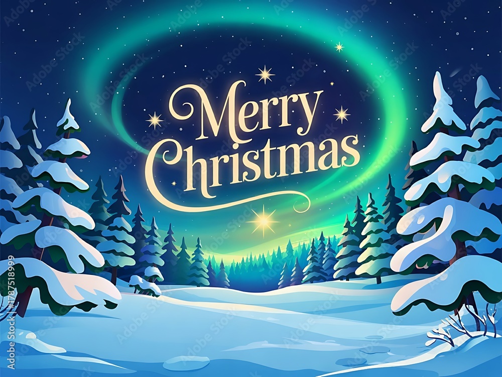 Fototapeta premium Merry Christmas Winter Landscape Greeting Card with Snowy Pine Trees and Bright Aurora Northern Lights in Night Sky