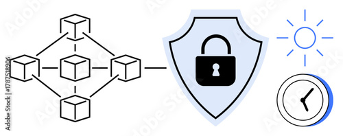 Blockchain network grid links to security shield with a lock. Nearby clock and sun depict time and transparency. Ideal for blockchain, cybersecurity, transparency, innovation, trust, data privacy