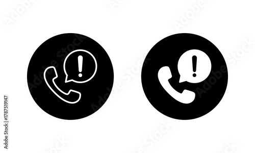Phone call warning icon in black circle. Telephone handset with exclamation mark in speech bubble symbol