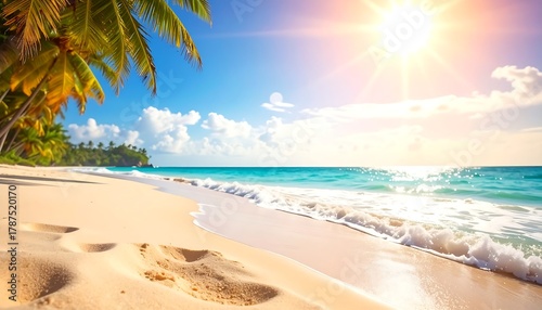 Fototapeta Naklejka Na Ścianę i Meble -  Scenic beach with palm trees & bright sunshine. Turquoise sea waves gently wash onto pristine white sand