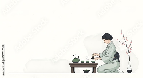 Minimalist illustration of a woman in kimono performing a traditional tea ceremony with copy space