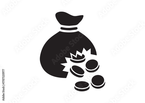 Bag of money with hole and coins icon, Bag of money with hole and coins solid vector