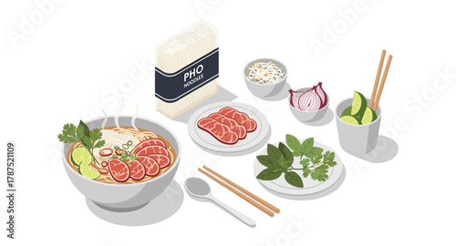 Delicious pho noodle soup ingredients with fresh herbs and spices