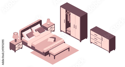 Cozy isometric bedroom interior with furniture set