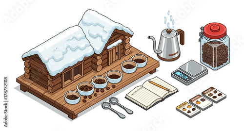 Cozy winter coffee setup with snow-capped log cabin coffee bar and brewing essentials in isometric style