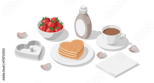 Isometric breakfast scene with coffee, strawberries, and heart pancakes