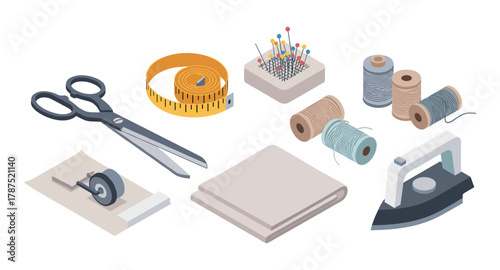Sewing tools and accessories in isometric style for craft enthusiasts