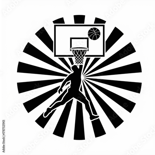Basketball silhouette illustration: A dynamic graphic showcasing a basketball player mid-air, achieving a slam dunk, with radial lines radiating from behind, all in a monochromatic style. 