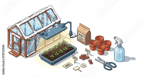 Cozy winter greenhouse with seedlings and gardening tools in isometric style