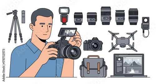 Photography equipment and enthusiast: modern gear and technology in flat design