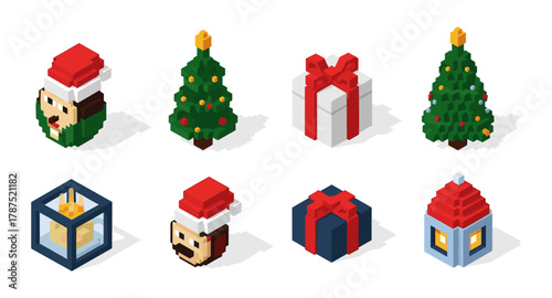 Festive isometric icons featuring christmas trees, gifts, and santa characters