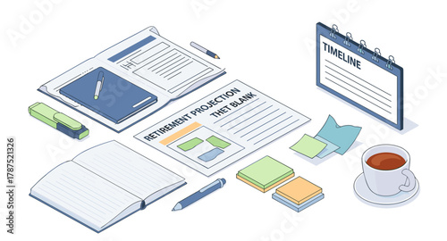 Office desk organization with stationery, timeline calendar, and coffee in isometric style
