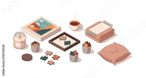 Cozy home relaxation with puzzles, warm blanket, hot drink, and candle