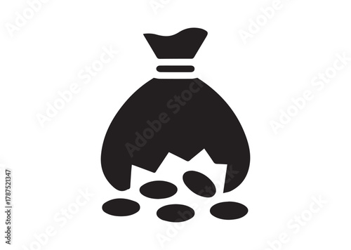 Bag of money with hole and coins icon, Bag of money with hole and coins solid vector