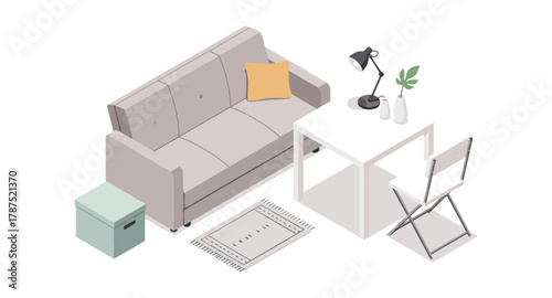 Modern isometric living room with couch and minimalist decor