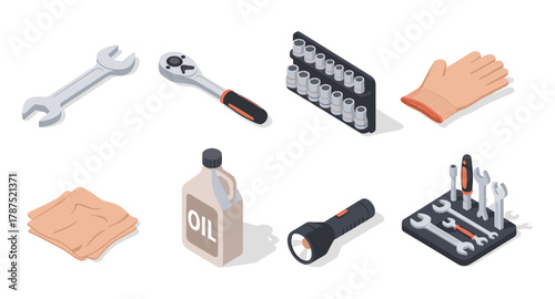 Essential car repair tools set in isometric style for diy mechanics