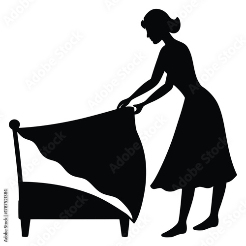 Woman putting sheet on crib silhouette vector illustration isolated 90 characters
