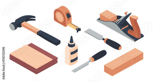 Isometric carpentry tools set with hammer, measuring tape, and wood planks