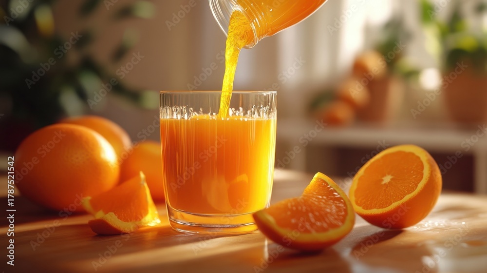 Fototapeta premium Fresh orange juice being poured into a glass with sliced oranges on a sunny kitchen table