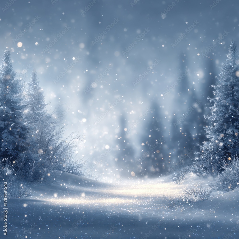 Naklejka premium Snowy winter forest with falling snowflakes and soft light on a quiet frozen landscape