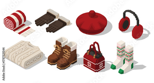 Isometric winter accessories: cozy sweater, boots, and holiday-themed items
