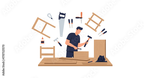 Carpenter working with tools in a workshop setting