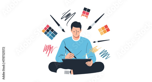 Artist using digital tablet with brushes and color swatches in modern flat style