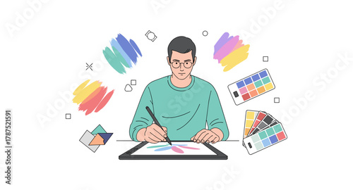 Digital artist creating colorful art on tablet surrounded by palette swatches and brush strokes