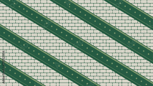 A repeating pattern of diagonal green bars with circles over a brick wall background illustration
