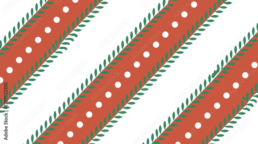 Obraz premium Diagonal pattern with red stripes, white dots, and green leaves on a white background design art