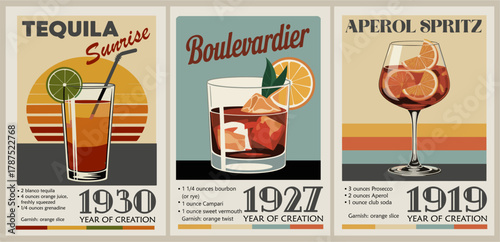 Retro-style cocktail triptych featuring Tequila Sunrise, Boulevardier, and Aperol Spritz posters. Bold colors, clean lines, vintage layouts, recipe text, and creation years 1930, 1927, 1919.