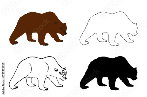 Graphic bear vector silhouette illustration isolated on white background. Grizzly symbol. Big animal cartoon nature wildlife. Wild beast predator. Forest hunter. Kodiak bear line contour sketch.