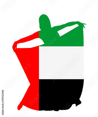 United Arab Emirates flag belly dancer woman vector silhouette illustration isolated. UAE flag entertainment oriental dance sensual erotic lady. Middle east culture. Harem amusement Arabic orient