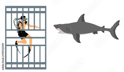 Diver in diving cage observing great white shark vector illustration isolated. Swimming biology research. Explorer against shark under water. Scary scene in marine wildlife. Help ocean beach swimmers.