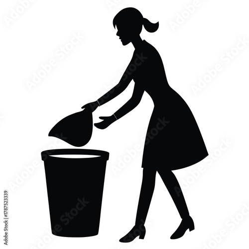 Woman throwing trash in can silhouette illustration vector on background