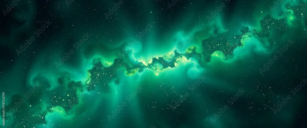 Fototapeta premium Vibrant green nebula in outer space with stars and cosmic dust, fantasy galaxy background illustration.