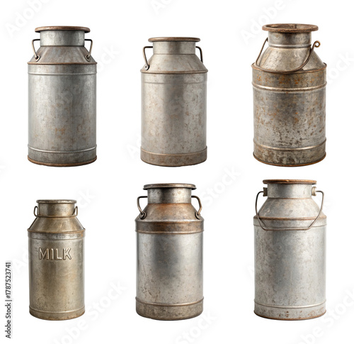 Six vintage metal milk cans in different sizes